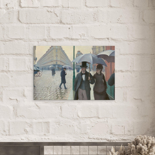 Canvas art reproduction of Gustave Caillebotte’s Paris Street; Rainy Day, depicting 19th-century Paris with glistening cobblestones and elegant figures in a rainy urban scene.