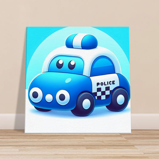 Cartoon-style blue police car with checkered pattern and large eyes on a light blue to white gradient background.