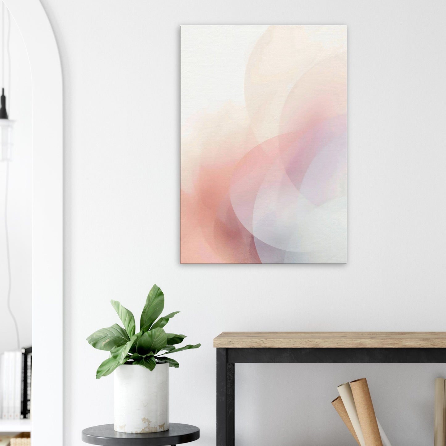 Portrait canvas with vertical muted peach, cream, pale blush, and taupe layers evoking pastel calm.