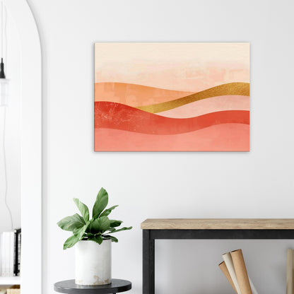 Canvas artwork of peach, coral, and warm gold horizon-style gradient waves creating a soft flowing sunset effect.