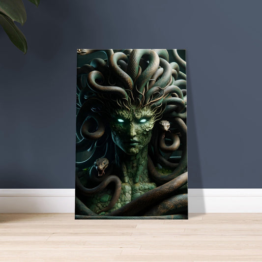 Artwork of a Medusa-style Gorgon with snake hair and glowing eyes, standing in a ruined temple with ivy-covered columns.