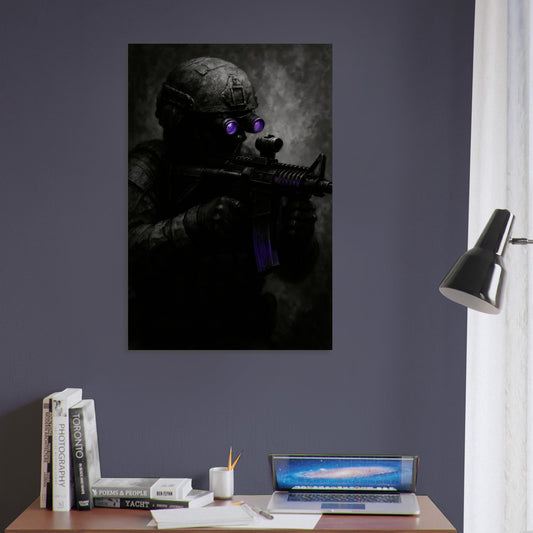 Operator in the dark with violet night vision and purple magazine glow – tactical stealth metal poster.