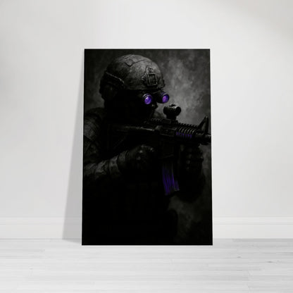 Gritty military artwork featuring a shadowy soldier with glowing purple night vision. A moody, high-contrast print from the Warfare Division collection.
