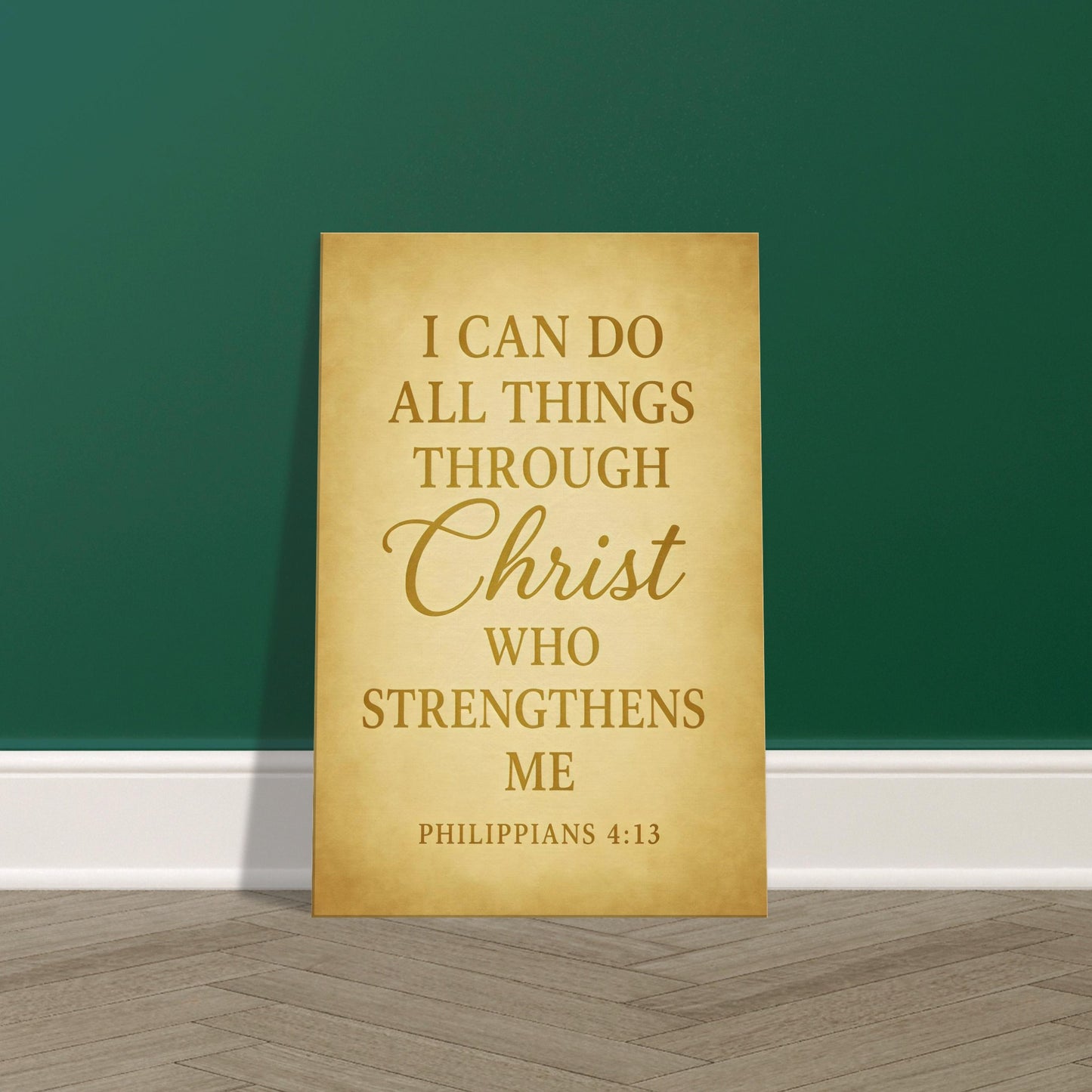 Philippians 4:13 scripture in golden calligraphy on parchment-style glowing background, 2:3 portraitm displayed on premium canvas wall art print.