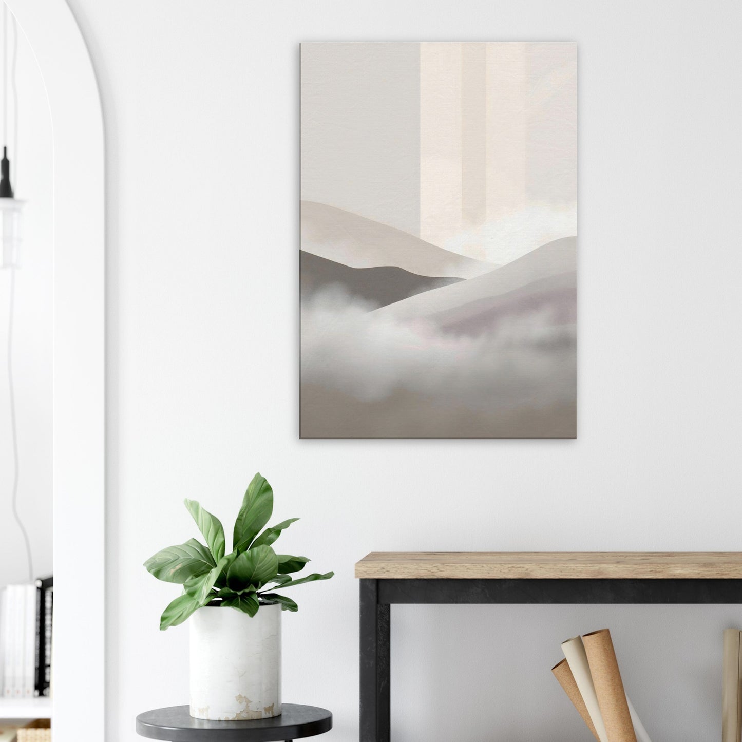 Portrait canvas with vertical muted green-grey, cream, and stone layers evoking misty pine forests.