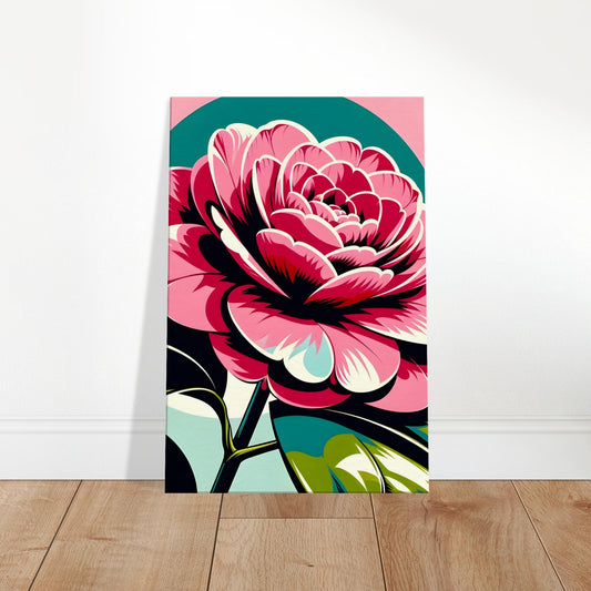 Pop art wall art of a pink camellia flower with bold outlines and a teal and blush geometric background.
