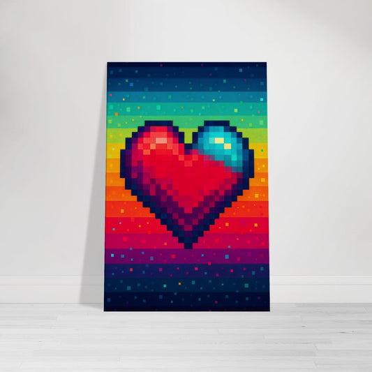 Pixelated red neon heart glowing against rainbow neon gradient background.