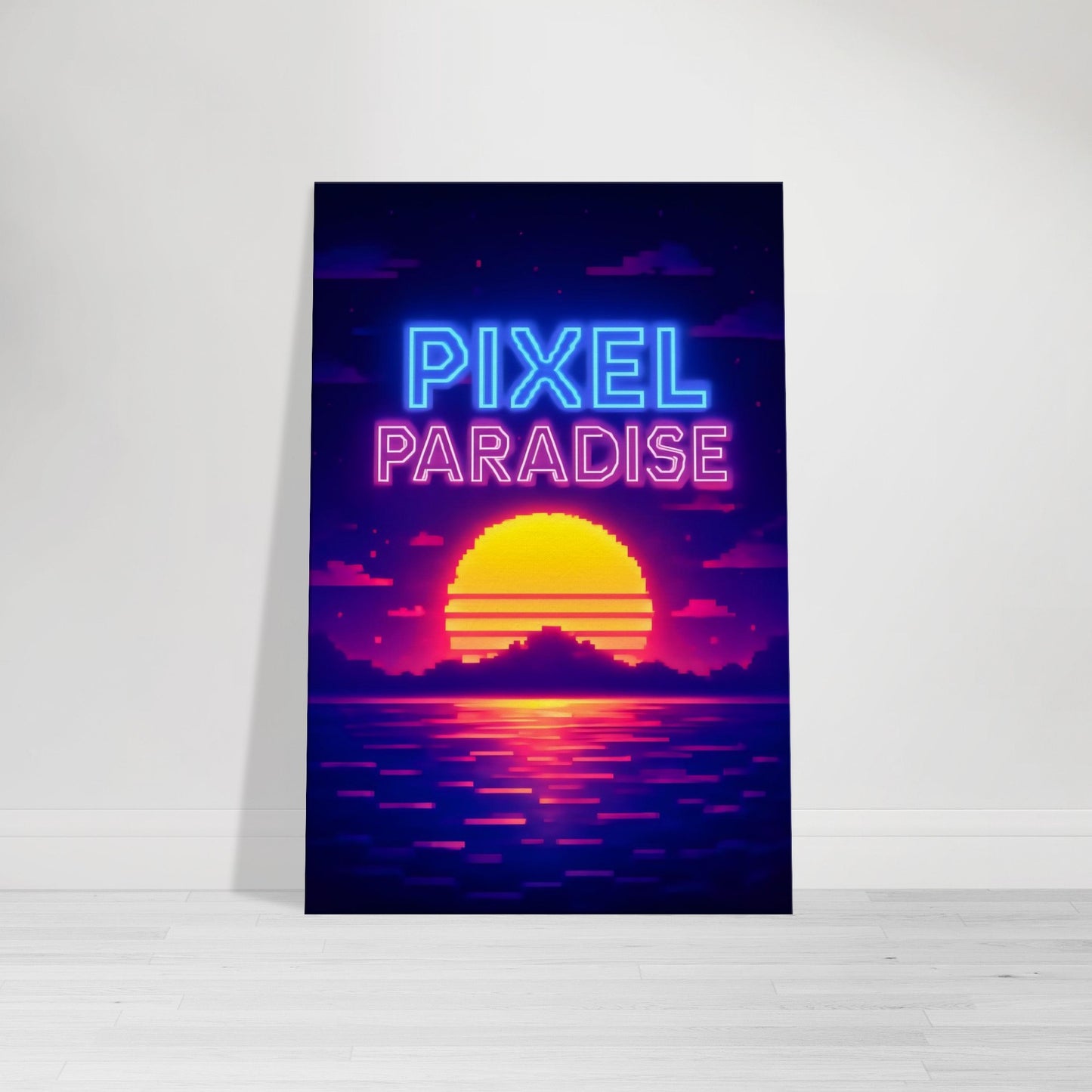 Pixel retro gamer wall art showing a glowing pixelated sunset in neon colors.