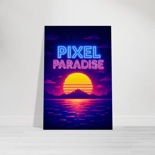 Pixel retro gamer wall art showing a glowing pixelated sunset in neon colors.