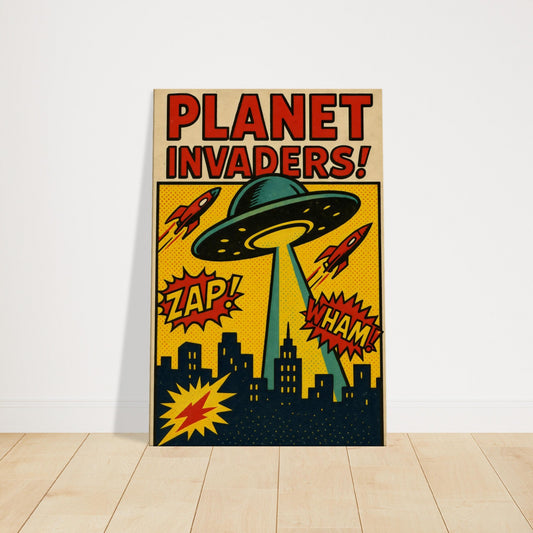 Vintage 1950s comic art showing UFOs over a city with rockets and bold ZAP and WHAM lettering.