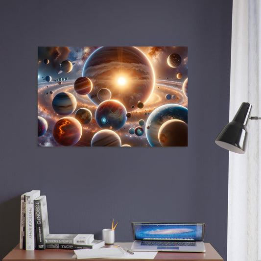 Metal poster depicting a vibrant solar system with multiple unique planets orbiting a bright central star against a detailed cosmic background of stars and nebulae.