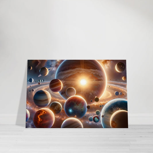 Solar system with colorful planets orbiting a star in a cosmic background.