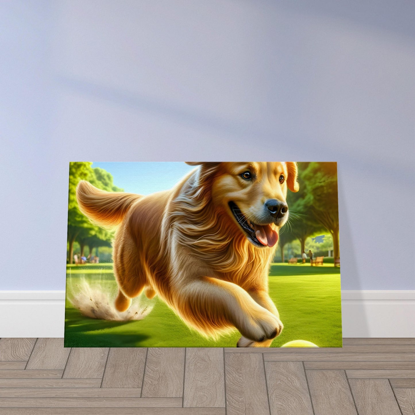 Golden retriever running after a tennis ball in a sunny park, with green grass and trees in the background.