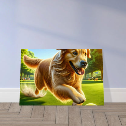 Golden retriever running after a tennis ball in a sunny park, with green grass and trees in the background.