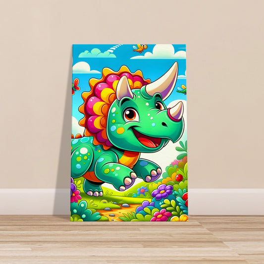 Cartoon-style smiling Triceratops frolicking in lush greenery with colorful flowers.