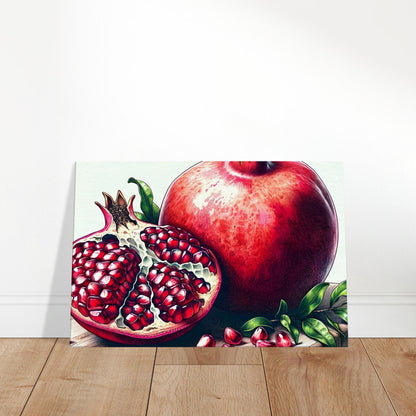 Canvas art depicting a ripe pomegranate with ruby seeds resting on a rustic wooden cutting board.