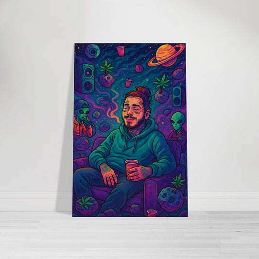 Psychedelic cartoon of Post Malone lounging on a floating couch in space with aliens, red solo cups, and music speakers orbiting nearby.