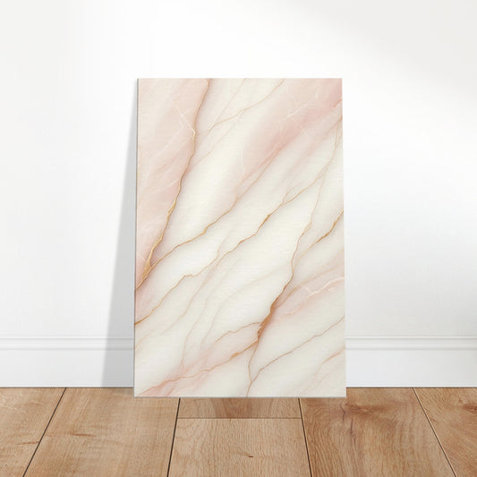 Soft pink marble wall art with delicate white and gold veining and a polished, light-reflective finish.