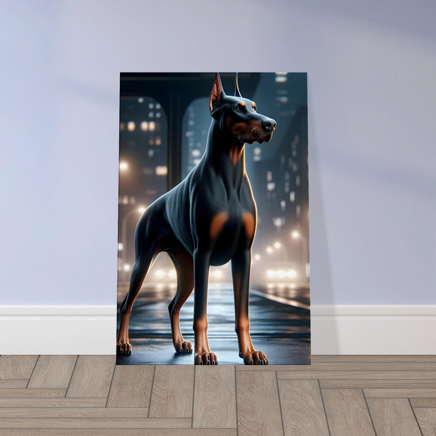 Doberman dog standing alert at night in an urban cityscape, illuminated by streetlights with a misty blue background.
