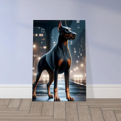 Doberman dog standing alert at night in an urban cityscape, illuminated by streetlights with a misty blue background.