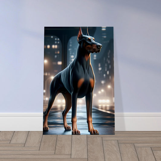 Doberman dog standing alert at night in an urban cityscape, illuminated by streetlights with a misty blue background.