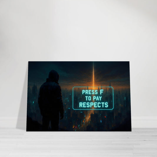 Gamer tribute wall art of neon-lit city skyline with glowing shrine and beam of light.
