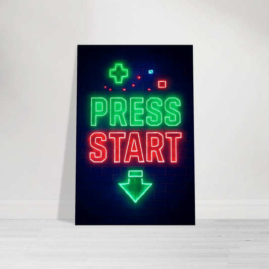 Neon gamer wall art with glowing emerald green “Press Start” typography on black backdrop.