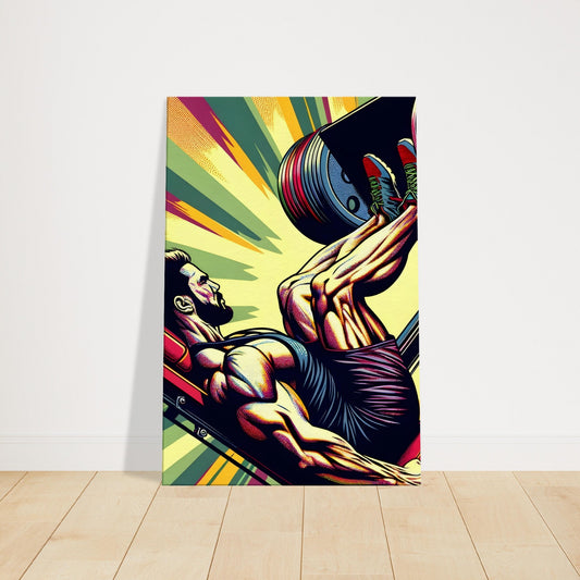 Pop art canvas of person using leg press machine with colorful dynamic background