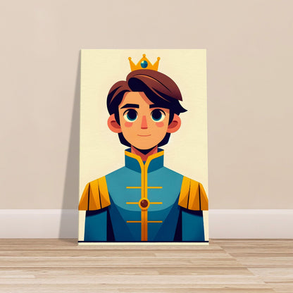 Cartoon-style Prince Valiant in blue and gold outfit with a simple crown and kind expression on a solid background.