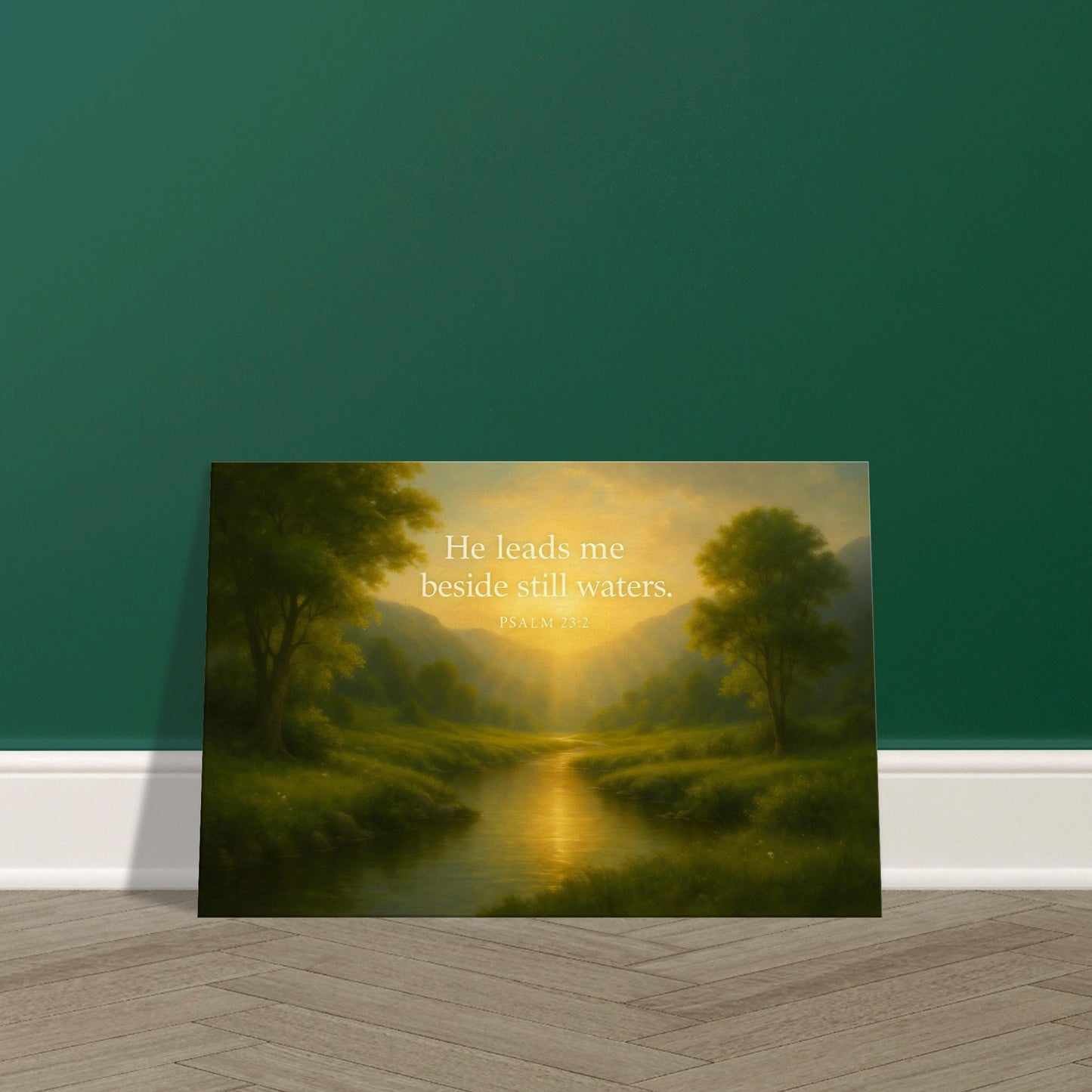 Countryside under golden sky with Psalm 23 verse in calligraphy on canvas print.