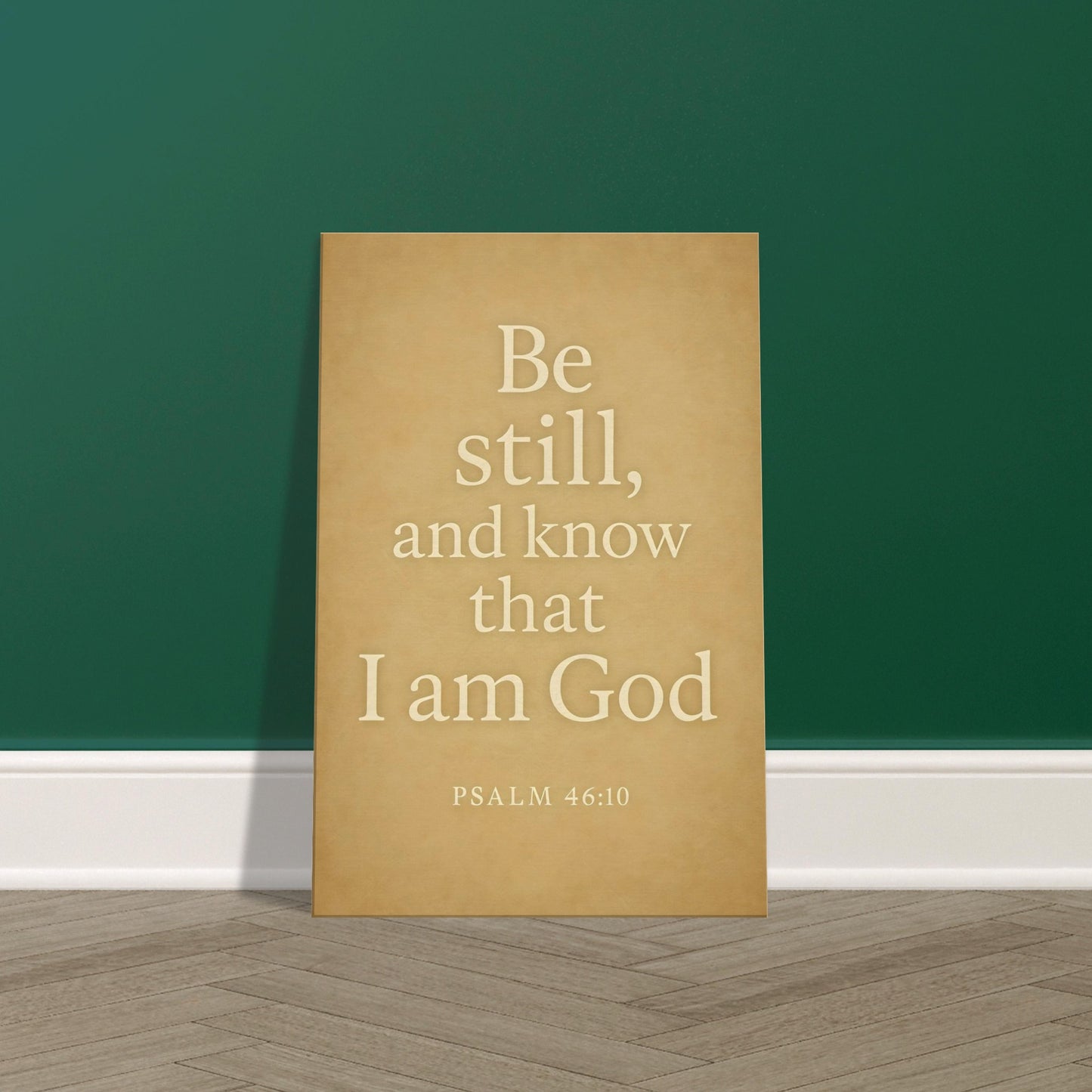 Psalm 46:10 scripture in elegant typography on parchment-style textured background, 2:3 portrait, displayed on premium canvas wall art print.