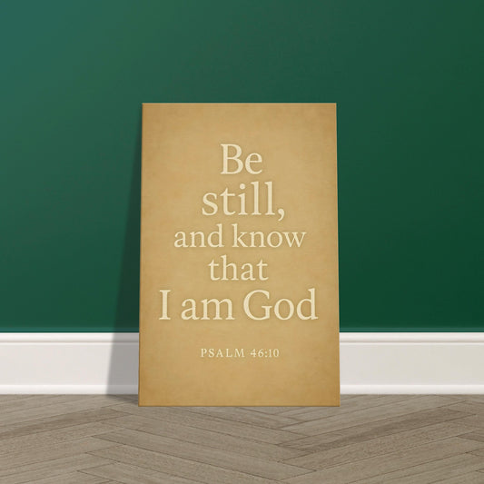 Psalm 46:10 scripture in elegant typography on parchment-style textured background, 2:3 portrait, displayed on premium canvas wall art print.
