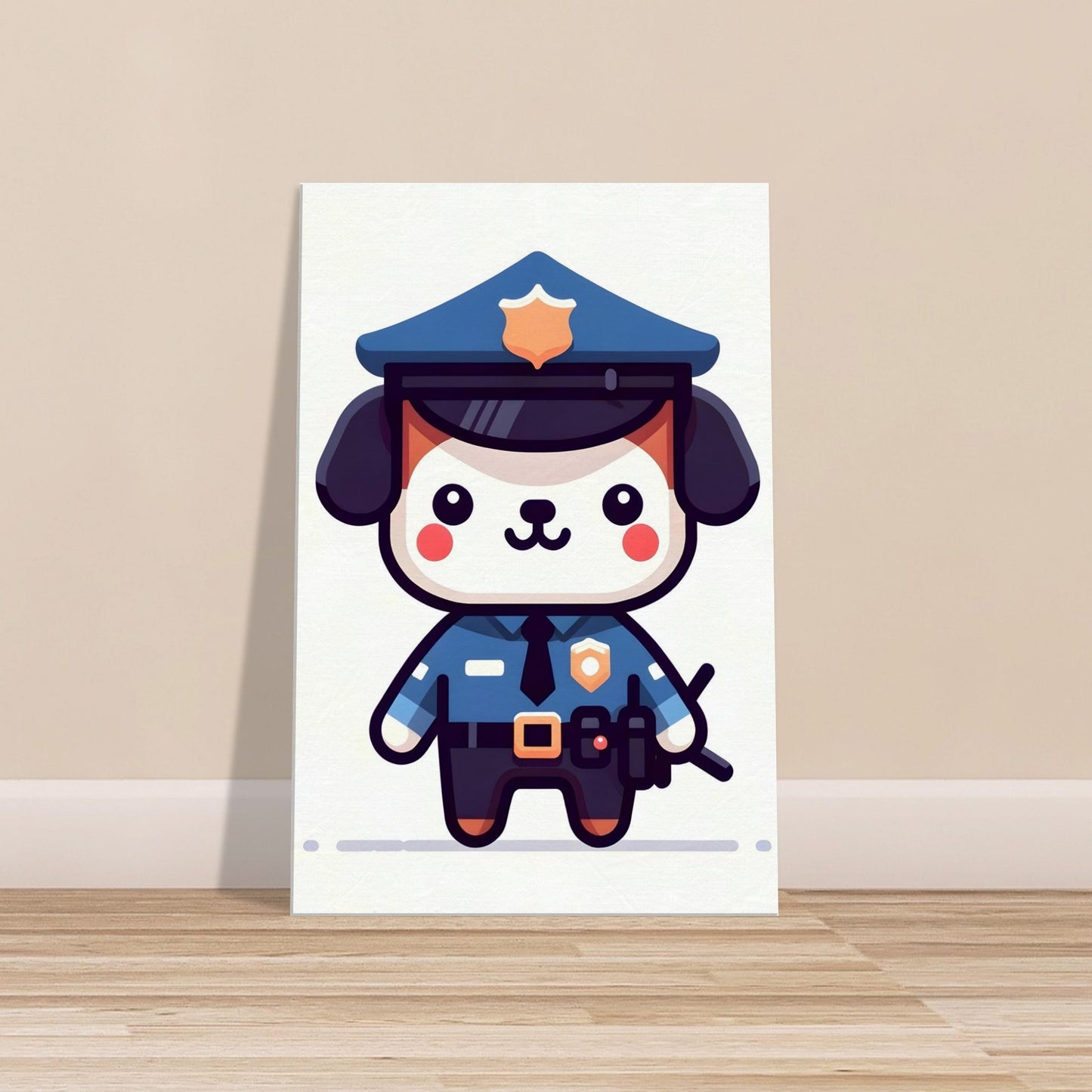 Canvas print of a cartoon police pup in uniform with a friendly smile and badge.