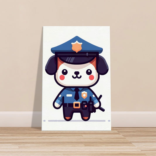 Canvas print of a cartoon police pup in uniform with a friendly smile and badge.