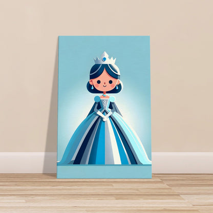 Minimalist cartoon Queen Grace in blue and silver gown with a delicate crown on a solid background.