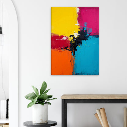 Portrait canvas with hot pink, electric blue, and lime green vertical abstract strokes forming a dynamic composition.