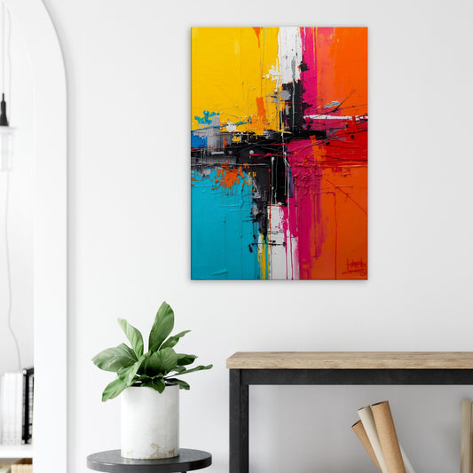 Portrait canvas with electric blue, neon yellow, and hot pink horizontal abstract strokes forming a dynamic composition.