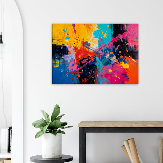 Landscape canvas with fuchsia, lime green, and cobalt blue horizontal abstract strokes forming a dynamic composition.
