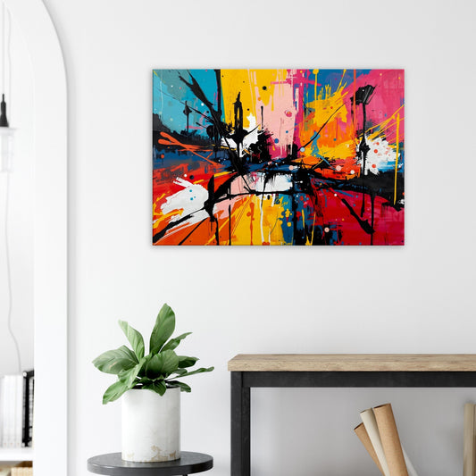 Landscape canvas with fuchsia, turquoise, yellow and pink abstract strokes forming a radiant composition.
