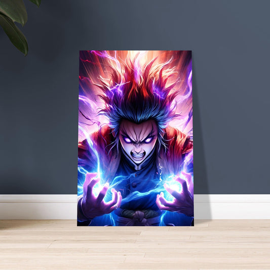 Metal poster of anime warrior mid-transformation, surrounded by lightning in vivid purple, red, and blue.