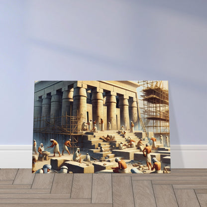 Ancient Egyptian workers and architects building temple walls with stone blocks, scaffolding, and detailed design scrolls.