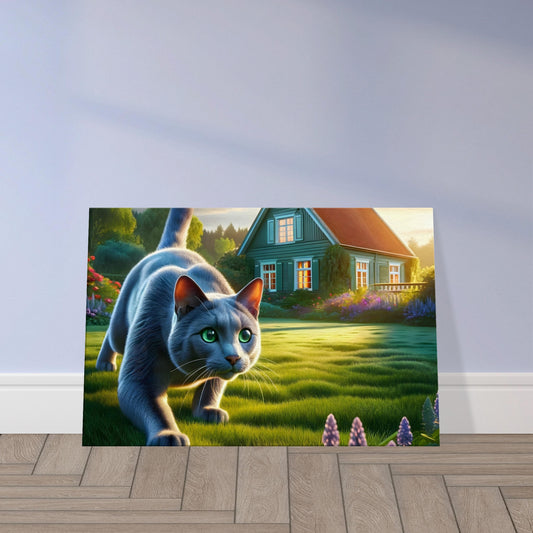 Russian Blue cat with green eyes poised in a garden at golden hour, ready to pounce, with a cozy cottage in the background.