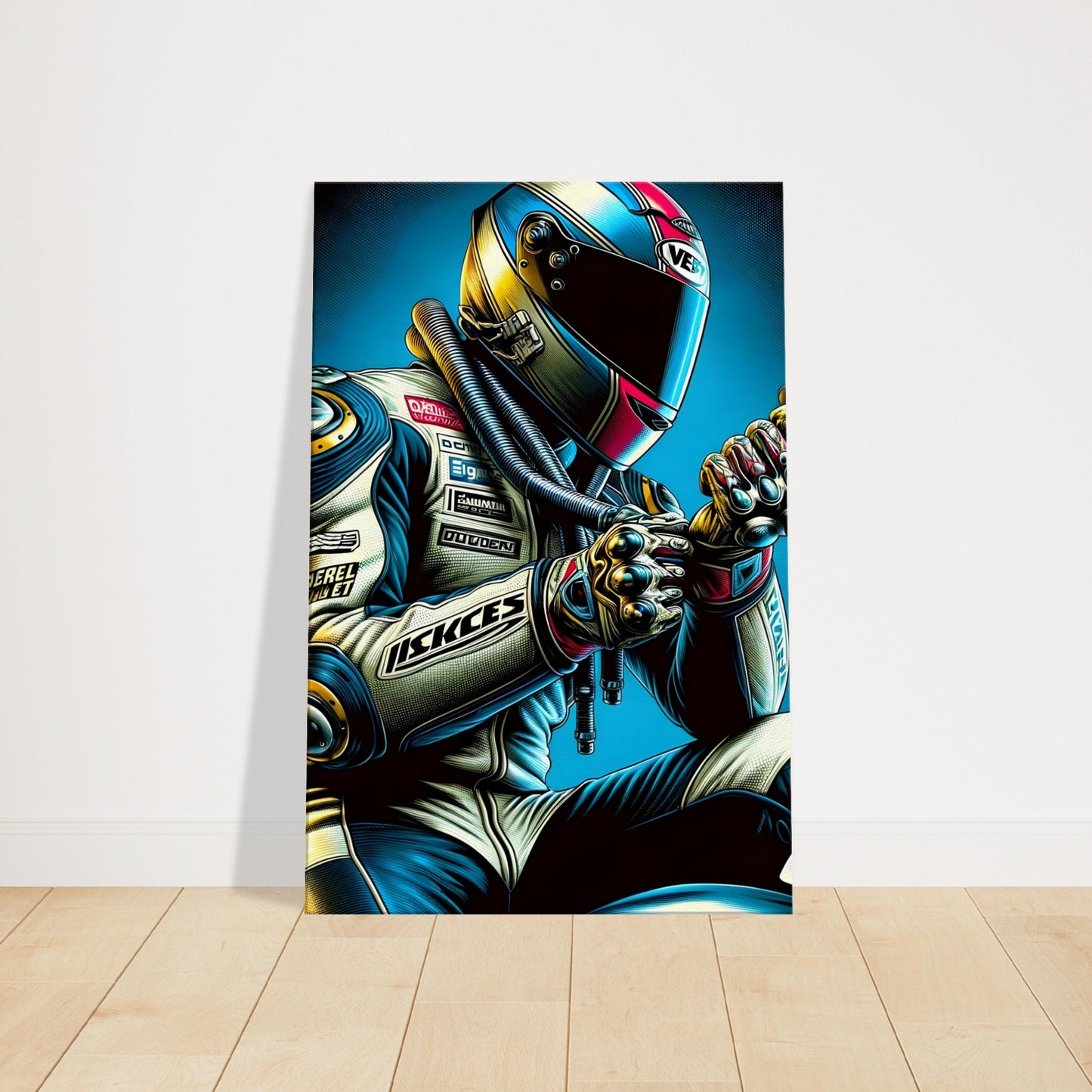 Racing driver in helmet and suit standing focused before a race, with vivid colors and dramatic lighting.