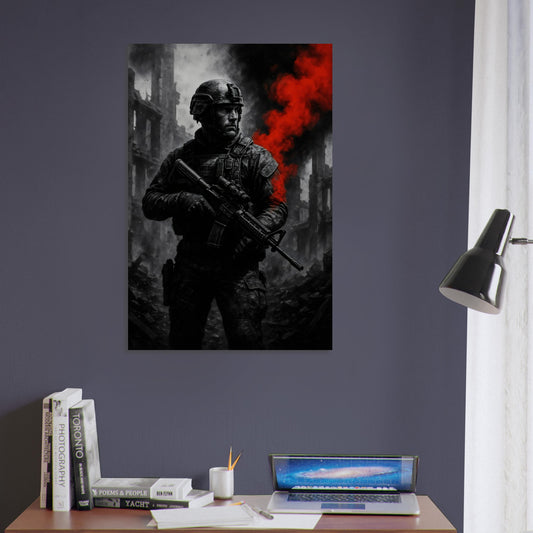 Lone soldier turning in ruined city with red smoke flare — gritty monochrome military artwork on metal.