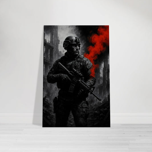 Striking military wall art featuring a lone soldier in a red smoke-filled battlefield. Powerful, tactical canvas or metal print for man caves and gamer rooms.