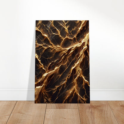 Chocolate brown marble wall art with prominent gold veining and a polished finish for a rich and regal appearance.