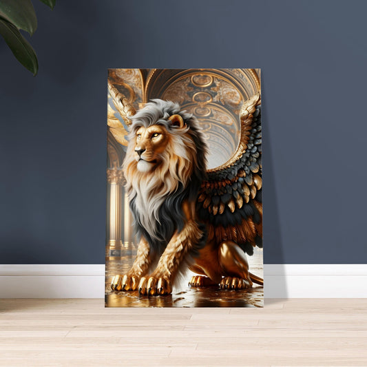 Artwork of a golden and brown Griffin with sharp eyes, standing before an ornate temple with marble columns and carvings.