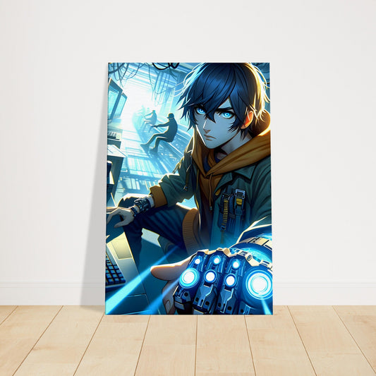 Anime character Ren in sleek tactical gear during a high-tech heist, surrounded by glowing tech and laser grids.