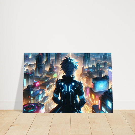 Ren overlooking a neon-lit futuristic cityscape at night in contemplative pose.