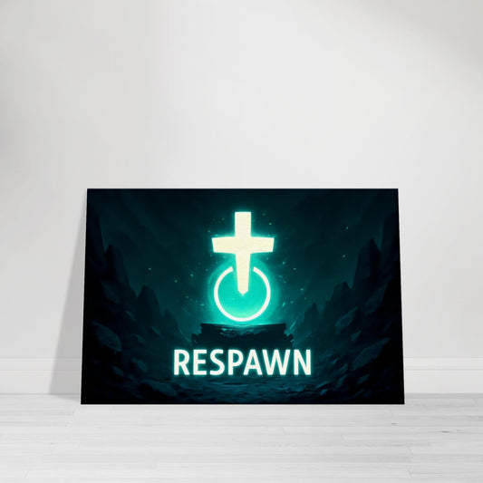 Respawn shrine wall art glowing in blue and green holographic light, symbolizing renewal.